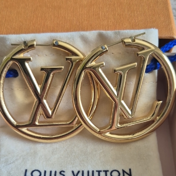 Louis Vuitton Gold Logo Hoop Earrings - Picture 3 of 3